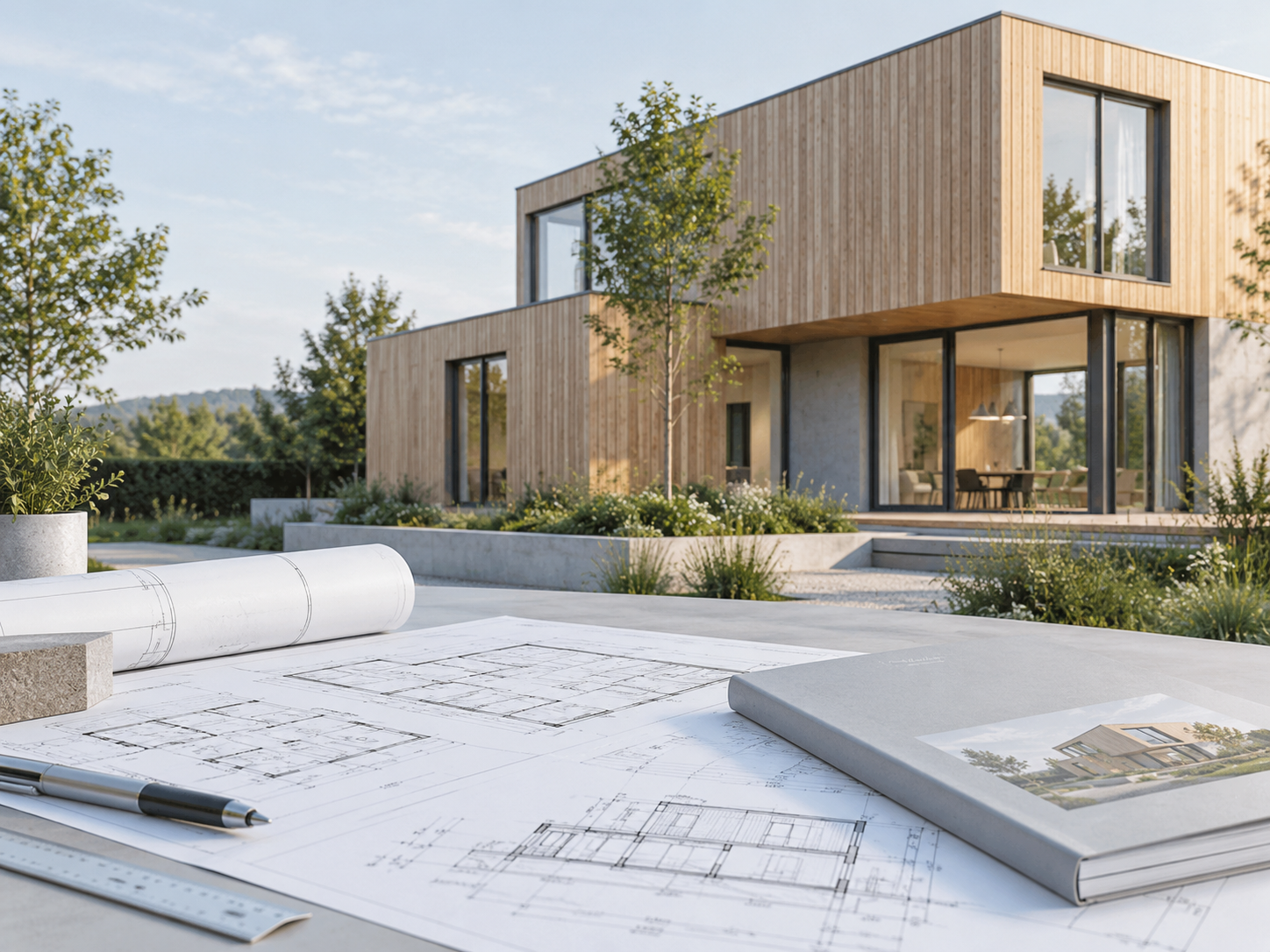 Modernes Gebäude mit Holzfassade und Bauplänen im Vordergrund als neutrale Darstellung zum Thema QNG und Gebäudeanforderungen