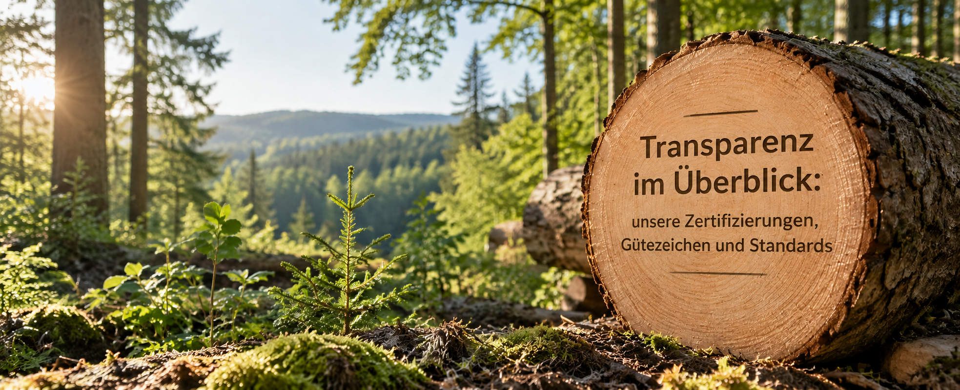 Grüner Wald mit Baumstämmen und dem Hinweis auf Zertifizierungen, Gütezeichen und Standards beim Burger Holzzentrum